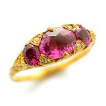 Tourmaline, Diamond, 14k Yellow Gold Ring. Featuring three oval-cut tourmalines weighing a total