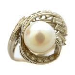 Cultured Pearl, Diamond, 14k White Gold Ring. Centering one round cultured pearl measuring