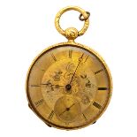 18k Yellow Gold Open Face Pocket Watch. DIAL: Round, gold engraved floral motif, black Roman numeral