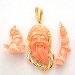 *Collection of Three Coral, 14k Yellow Gold Pendants. Including one carved coral head of Shoulao