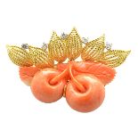 *Coral, Diamond, 18k Yellow Gold Cherry Brooch. Designed as a pair of carved cherries with leaves,