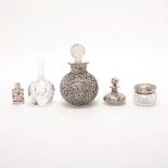 Five Sterling and Glass Perfume Bottles and a Jar, Comprising a large silver overlay glass perfume