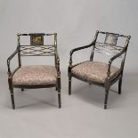 Pair of English Regency Style Ebonized Armchairs