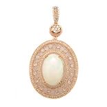 Opal, Diamond, 14k Rose Gold Pendant. Centering one oval opal cabochon measuring approximately 17.51