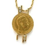 Deutsches Reich Gold Coin, Diamond, 14k Yellow Gold Pendant Necklace. Featuring one German Prussia