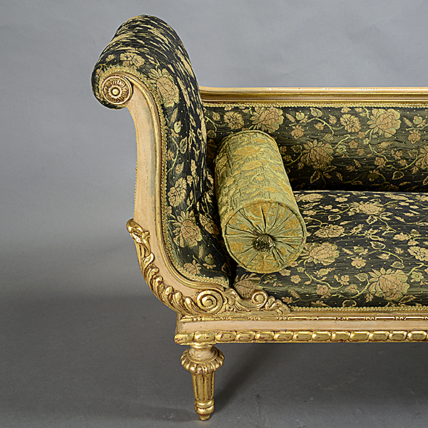 Italian Gilt Painted Chaise Lounge, with green floral upholstery and bolster pillow - Image 2 of 4