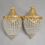 Pair of Neoclassical Style Gilt Bronze Melon Form Light Fixtures Hung with Crystals