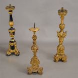 Three Italian Carved Wood Pricket Sticks, Including two gilt painted, and one ebonized with gilt