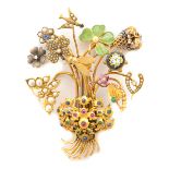 Multi-Stone, Enamel, Diamond, Seed Pearl, Glass, Yellow Gold, Metal Stickpin Spray Brooch.