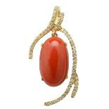 *Coral, Diamond, 14k Yellow Gold Pendant. Featuring one oval coral cabochon measuring