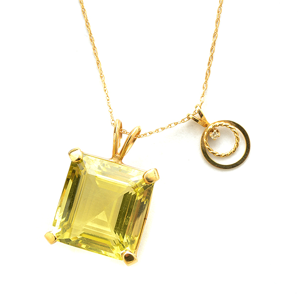 Green Quartz, Diamond, 14k Yellow Gold Pendant Necklace. Including one emerald-cut green quartz, 14k