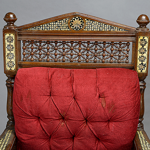 Pair of Moorish Inlaid Red Upholstered Armchairs, with spindle back slats and armrests - Image 3 of 4