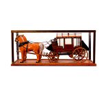 Copper Stage Coach Model with Carriage and Two Horses, in plastic display case, circa 1942