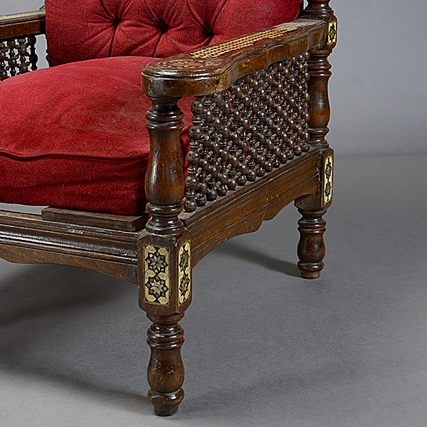 Pair of Moorish Inlaid Red Upholstered Armchairs, with spindle back slats and armrests - Image 2 of 4