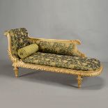 Italian Gilt Painted Chaise Lounge, with green floral upholstery and bolster pillow