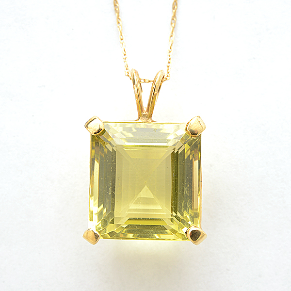 Green Quartz, Diamond, 14k Yellow Gold Pendant Necklace. Including one emerald-cut green quartz, 14k - Image 2 of 4