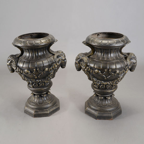 Pair of Large Renaissance Style Cast Urns with Rams Heads