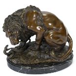 After Antoine-Louis Barye (French 1796-1875), Bronze Figural Group of a Lion and Snake, inscribed A.