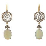 Pair of Opal, Diamond, Silver-Gilt Earrings. Each featuring one oval opal cabochon measuring