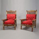 Pair of Moorish Inlaid Red Upholstered Armchairs, with spindle back slats and armrests