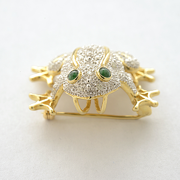Diamond, Emerald, 14k Gold Toad Pendant Brooch. Designed as a crouching toad, the head, body and - Image 3 of 4