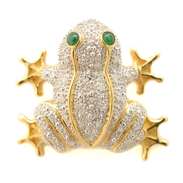 Diamond, Emerald, 14k Gold Toad Pendant Brooch. Designed as a crouching toad, the head, body and