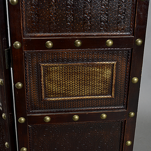Portuguese Style Four Panel Embossed Faux Leather Screen - Image 5 of 5