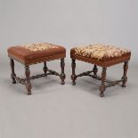 Pair of Jacobean Style Turned Oak Benches with Needlepoint Upholstery Seats and Brass Tack Banding