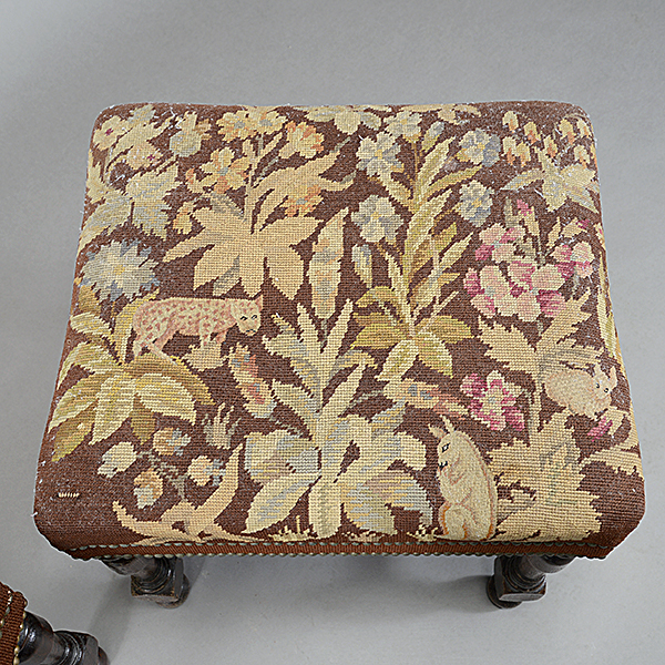 Pair of Jacobean Style Turned Oak Benches with Needlepoint Upholstery Seats and Brass Tack Banding - Image 5 of 5