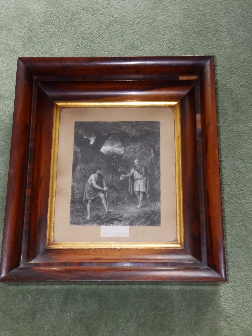 A 19thC black & white print – 'Timon & Flavius', 9.5” x 8” in heavy rosewood frame, 19.5” x 17.5”