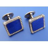 A pair of Patek Philippe lapis lazuli & diamond cluster style cufflinks, of rectangular plan in 18ct