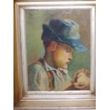 A late 19th/early 20thC oil on canvas – Head & shoulders study of a boy in blue cap, holding a chick