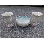 A Clarice Cliff Newport Pottery three piece bowl & vase garniture, relief moulded in coloured