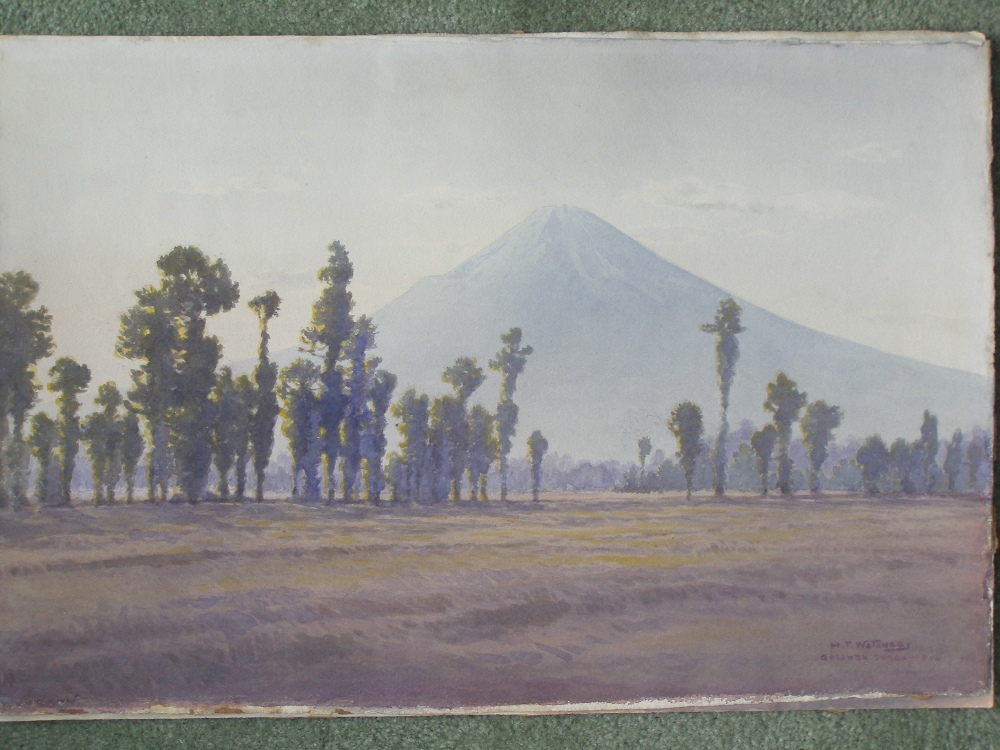 T. H. Watanabe – five unframed watercolours depicting landscapes, including Mount Fuji, lakes and