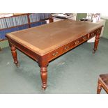 A Victorian library table on turned legs, Width 71"  Depth 41" - top loose