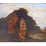 17th/18thC Continental School – oil on panel – A farm building by water, with figures,