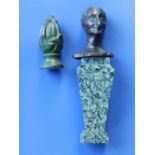 A small bronze bust of an elderly man on tapering marble pedestal, 6.25” overall and a small