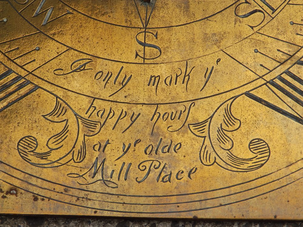 A 19thC brass sundial - 'I only mark ye happy hours at ye olde Mill Place' - Image 2 of 3