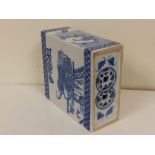 A Chinese blue & white porcelain rectangular pillow, decorated figures on a terrace and bats