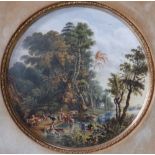 A 19thC circular polychrome porcelain plaque after Van Ruisdael – Figures, horses & cattle watering,