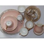 18 pieces of pink glazed Wedgwood tea china with gilt rims and other pieces