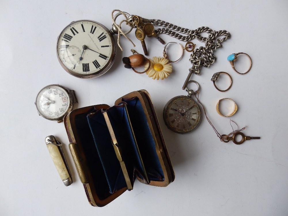 An early 20thC silver wrist watch with luminous hands – a/f, two pocket watches, a purse and small