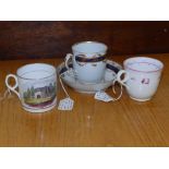 A New Hall coffee cup & saucer, one other New Hall cup and a Machin cup (4)