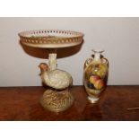 A damaged Royal Worcester grouse centrepiece, 9.25” together with a damaged vase painted still