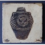 A Bernard Leach pottery tile, painted in brown to depict a two-handled urn with circular panel and