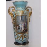 A large 19thC continental porcelain two-handled vase, decorated with a colour printed scene