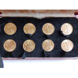 A case containing eight gold sovereigns – 1957, 2x1959, 2x1962, 2x1964 & 1967 (8)