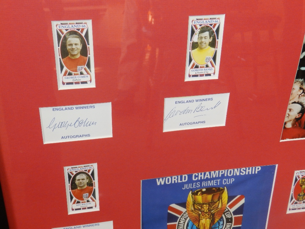 A framed montage of 1966 World Cup souvenirs, featuring (individual) signatures of the full 22 man - Image 2 of 7