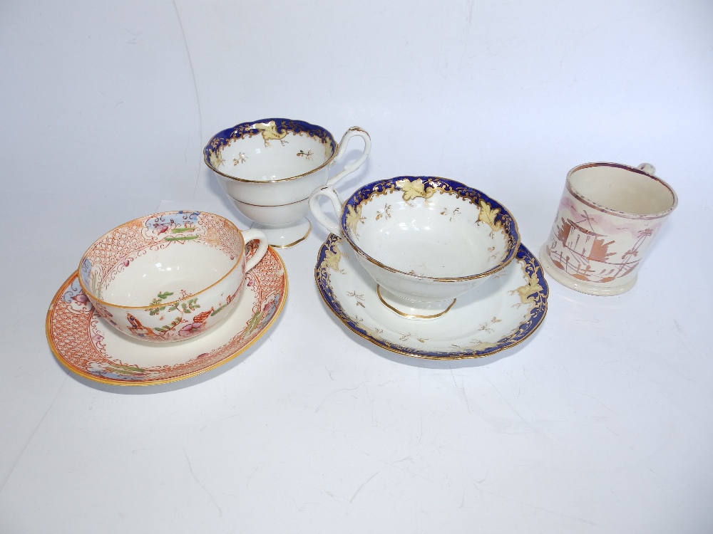 A 19thC Ridgway trio, a pink lustre mug and two other pieces (6)