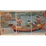 A triple section Japanese coloured woodblock print – Women in a ceremonial punt on water, each